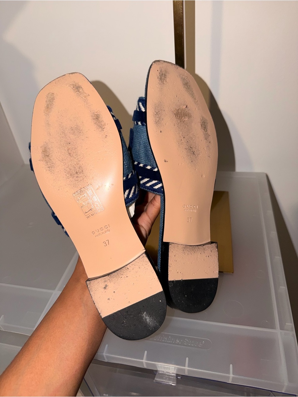 Authentic Gucci Denim Slide Sandals in Light and Navy Blue - Picture 3 of 3